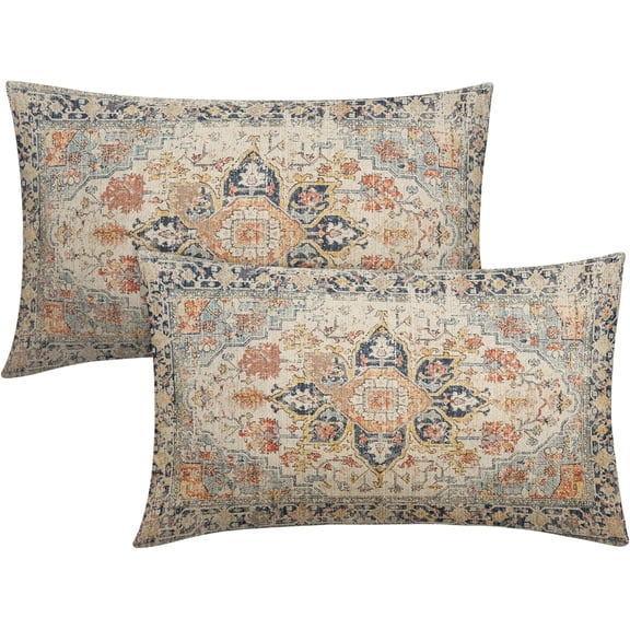 Navy Blue Orange Boho Lumbar Pillow Covers 12x20 Set of 2 Carpet Design Ethnic Bohemian Floral Pattern Rectangle Decorative Throw Pillow Cases Outdoor Farmhouse Decoration for Sofa Couch Bed