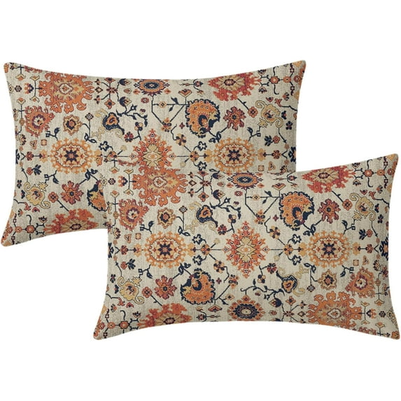 Navy Blue Orange Boho Lumbar Pillow Covers 12x20 Set of 2 Rustic Ethnic Carpet Pattern Vintage Floral Print Decorative Rectangle Throw Pillows Fall Farmhouse Cushion Case Decor for Couch Sofa Bed