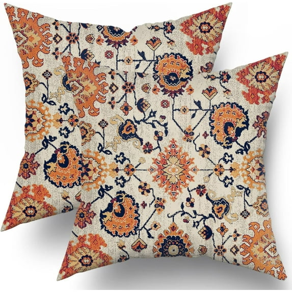 Navy Blue Orange Boho Pillow Covers 16x16 Set of 2 Rustic Ethnic Carpet Pattern Geometric Vintage Floral Print Decorative Throw Pillows Fall Farmhouse Cushion Case Decor for Couch Sofa Bed
