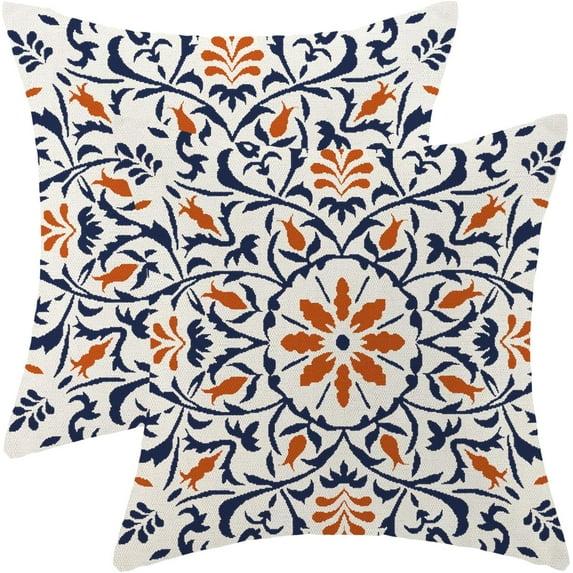 Navy Blue Orange Boho Pillow Covers 20x20 Set of 2, Bohemian Ethnic Carpet Pattern Design Decorative Throw Pillows Linen Blue Print Farmhouse Cushion Pillow Covers for Sofa Couch Outdoor Decor