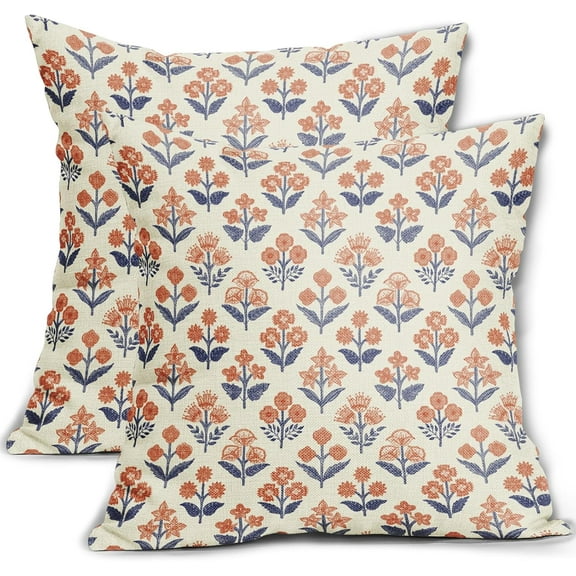 Navy Blue Orange Floral Block Print Pillow Covers 16x16 Inch Set of 2, Vintage Flower Pattern Decorative Throw Pillowcases Outdoor Farmhouse Cushion Covers Spring Summer Rustic Sofa Couch Bed Decor