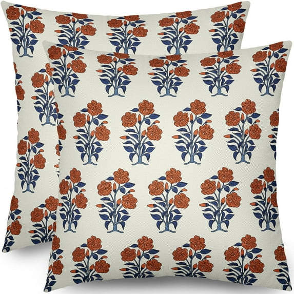 Navy Blue Orange Floral Block Print Pillow Covers 18x18 Set of 2 Fall Colored Flower Leaves Outdoor Decorative Throw Pillows Farmhouse Pillowcases Linen Cushion Case Decor for Home Sofa Couch Bed