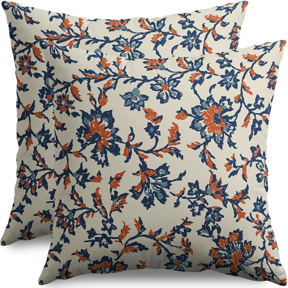 Navy Blue Orange Floral Block Print Pillow Covers 18x18 Set of 2 Vintage Flower Rustic Fall Colored Patterned Cream Decorative Throw Pillow Cases Outdoor Farmhouse Decoration for Sofa Couch Bed