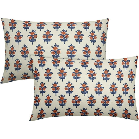 Navy Blue Orange Floral Lumbar Pillow Covers 12x20 Set of 2 Fall Colored Flower Leaves Print Rectangle Decorative Throw Pillow Cases Outdoor Farmhouse Decoration for Sofa Couch Bed