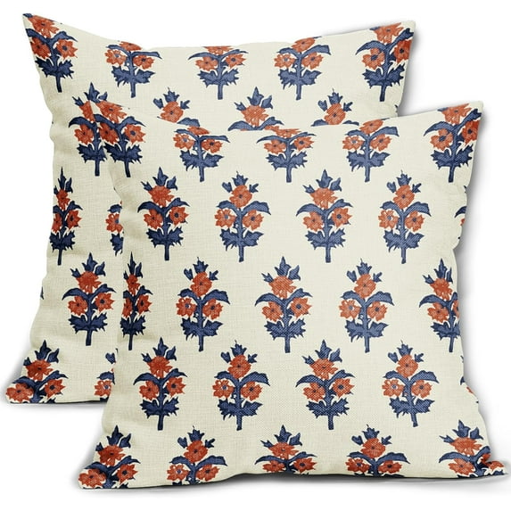 Navy Blue Orange Floral Pillow Covers 16x16 Set of 2 Fall Colored Flower Leaves Print Decorative Throw Pillow Cases Outdoor Farmhouse Decoration for Sofa Couch Bed