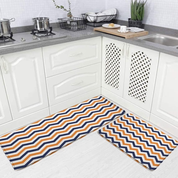 Navy Blue Orange Geometric Stripes Kitchen Rugs Abstract Minimalist Line Geometry Mid Century Modern Fashion Bathroom Rugs Kitchen Sink Laundry Bath Mats Bedroom Carpet
