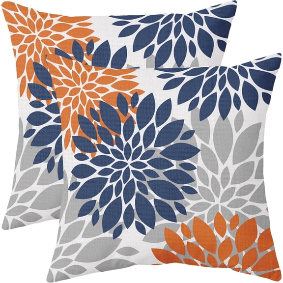 Navy Blue Orange Pillow Covers 16x16 Set of 2 Grey Gray Dahlia Flower Outdoor Decorative Throw Pillows Modern Geometry Art Farmhouse Pillowcases Linen Cushion Case Decor for Home Sofa Couch Bed
