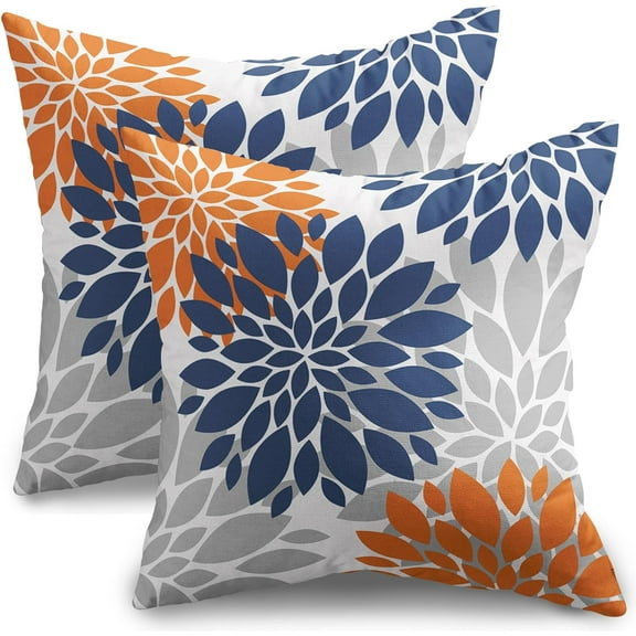 Navy Blue Orange Pillow Covers 18x18 Set of 2 Fall Colored Grey Gray Dahlia Flower Outdoor Decorative Throw Pillows Autumn Themed Farmhouse Pillowcases Linen Cushion Case Decor for Sofa Couch Bed