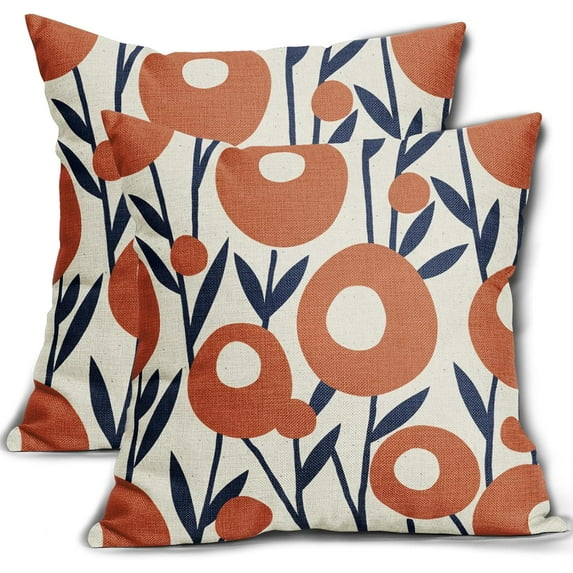 Navy Blue Orange Pillow Covers 20x20 Set of 2 Fall Floral Minimalist Geometry Art Flower Modern Style Decorative Throw Pillow Cases Outdoor Farmhouse Decor for Sofa Couch Bed