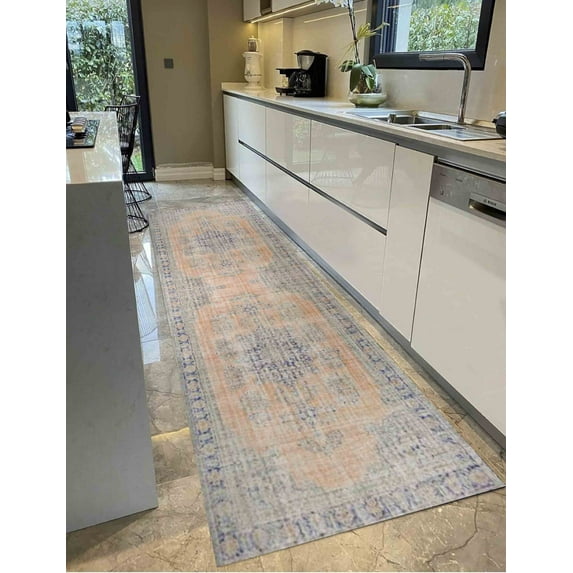 Navy Blue and Orange Rug, Medallion Rug, Faded Rugs, Oriental Rug, Turkish Rug, Custom Rug, Office Rug, Bedroom Rug, Colorful Rug, 3.3'x9.2' - 100x280 cm