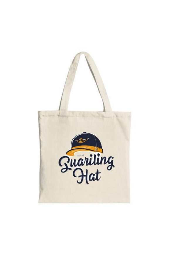 Navy Blue & Orange Tote Bag with Cursive ' Quarling Hat ' Design Light Beige Background - Perfect for Shopping Travel & Parties