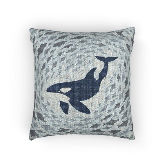 Navy Blue Orca and School of Fish Decorative Woven Pillow, Cotton-Polyester Shell, Ocean Theme