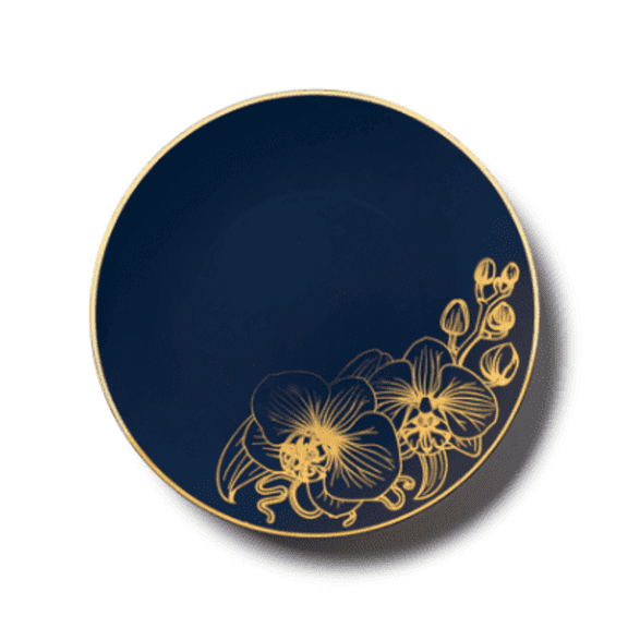 Navy Blue Orchid w/ Gold Floral Collection 7.5" Salad / Appetizer Plastic Plates 120ct.