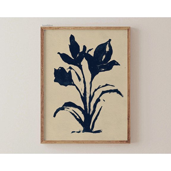 Navy Blue Organic Flower Boho Modern Contemporary Decorative Design Statement Accent Wall Art