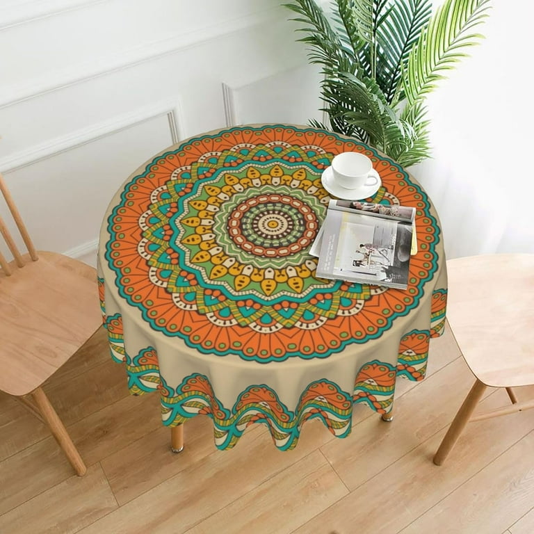 Round Solid Color Tablecloth With Tassels - Wrinkle Free Heavy Duty Polyester (70 Inch, Navy Blue)