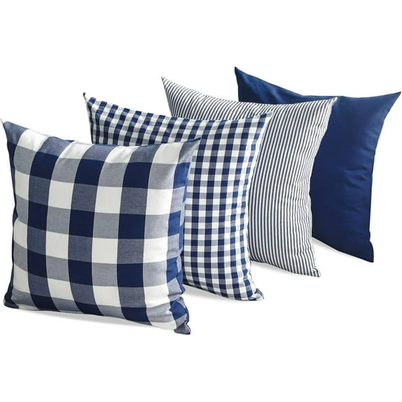 Navy Blue Outdoor Buffalo Plaid 20x20 Throw Pillow Covers Set of 4, Checkered Blue and White Decorative Pillow Covers 20 x 20, Farmhouse Decor Throw Pillows for Porch and Patio
