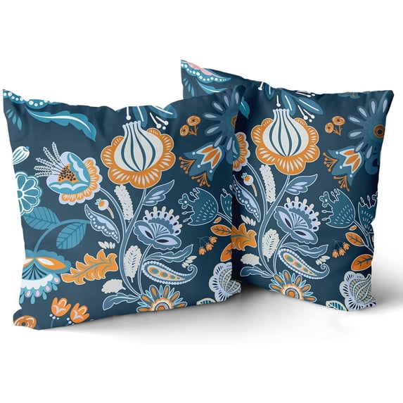 Navy Blue Outdoor Pillow Covers 18x18 Inch Set of 2 Boho Floral Outdoor Indoor Throw Pillow Covers Modern Navy Farmhouse Pillowscase Cotton Square Cushion Covers for Sofa Couch Bedroom Home Decor