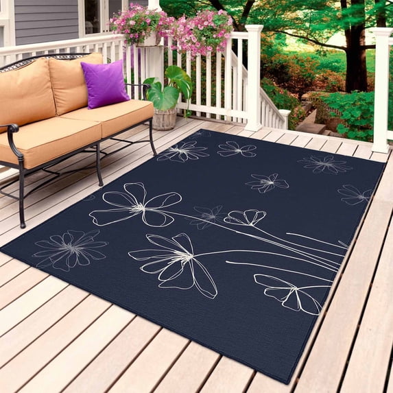 Navy Blue Outdoor Rug 5x8 Ft, Non Slip Washable Area Rug, Spring Flora Patio Rugs Carpet Runner, Large Floor Mat for Indoor/Outdoor Deck Porch Camping