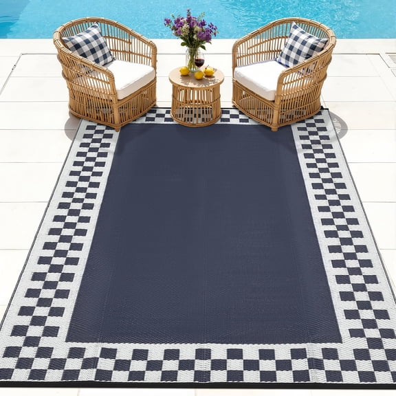 Navy Blue Outdoor Rug 9x12 Waterproof Patio Rugs Modern Checkered Reversible Mat for Front Door Rv Foldable Plastic Straw Carpet for Travel Trailers, Deck, Picnic, Porch, Camper, Balcony, Beach