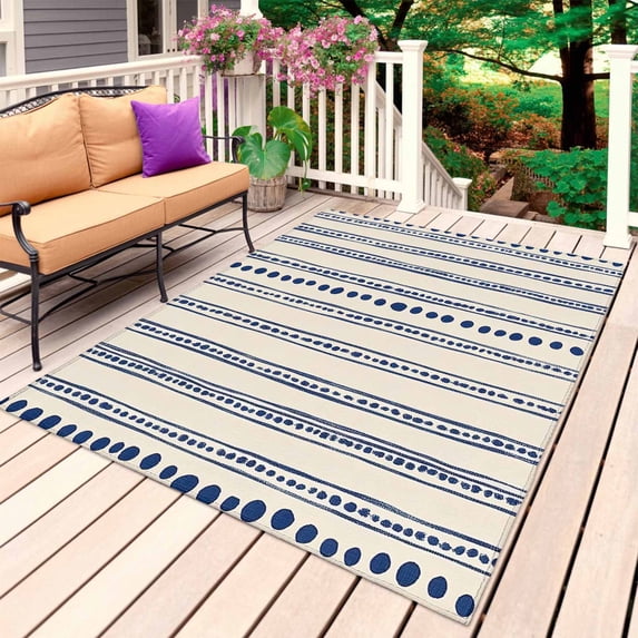 Navy Blue Outdoor Rug for Patio/Deck/Porch, Non-Slip Large Area Rug 3 x 5 Ft, Modern Geometric Abstract Art Striped Indoor Outdoor Rugs Washable Area Rugs, Reversible Camping Rug Carpet Runner