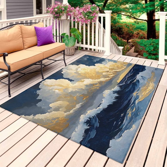Navy Blue Outdoor Rug for Patio/Deck/Porch, Non-Slip Large Area Rug 4 x 6 Ft, Modern Art Oil Painting Sea Sky Indoor Outdoor Rugs Washable Area Rugs, Reversible Camping Rug Carpet Runner