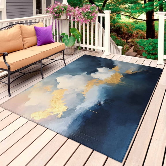 Navy Blue Outdoor Rug for Patio/Deck/Porch, Non-Slip Large Area Rug 4 x 6 Ft, Modern Oil Painting Art Yellow Indoor Outdoor Rugs Washable Area Rugs, Reversible Camping Rug Carpet Runner