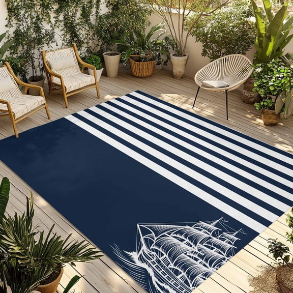 Navy Blue Outdoor Rug for Patio/Deck/Porch, Non-Slip Large Area Rug 5 x 7 Ft, Nautical Coastal Sea Abstract Art Indoor Outdoor Rugs Washable Area Rugs, Reversible Camping Rug Carpet Runner