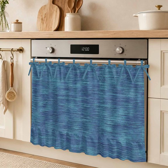 Navy Blue Oven Skirt Curtain for Door Rustic Abstract Minimalist Linen Texture Stove Cover with Ruffled Trim & Ribbon Ties, Appliance Cover for Dishwasher Cabinet Kitchen Decor 27x20 Inch
