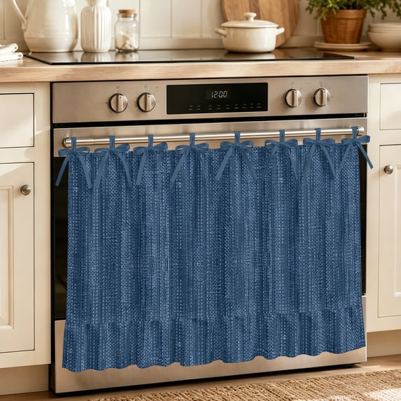 Navy Blue Oven Skirt for Farmhouse Kitchen Décor, Contemporary Minimalist Pure Color Linen Texture Oven Curtain Tie Top Stove Skirt, Cabinet Dish Washer Curtains with 8 Ribbon Ties 32"x24"