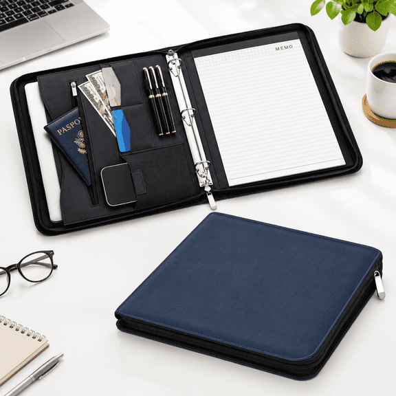 Navy Blue PU Leather 3 Ring Zipper Portfolio Binder A4 Organizer Briefcase