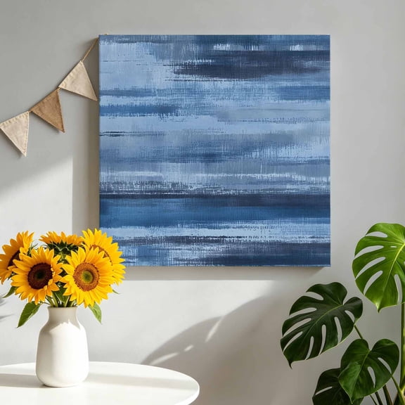 Navy Blue Paint Canvas Wall Art Framed Wall Decor for Living Room Bedroom Bathroom, Watercolor Abstract Blue Stripes Canvas Pictures Ready to Hang Decor, 8"x8"