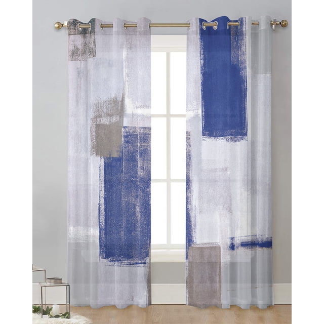 Navy Blue Paint Square Painting Tulle Curtain rative Sheer Curtains for