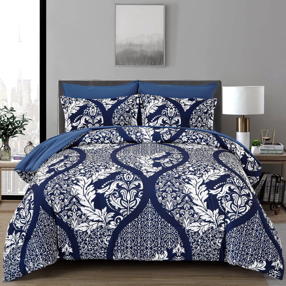 Navy Blue Paisley 7pcs Comforter King Size Soft Bed in a Bag Microfiber All Ages(104"x90")