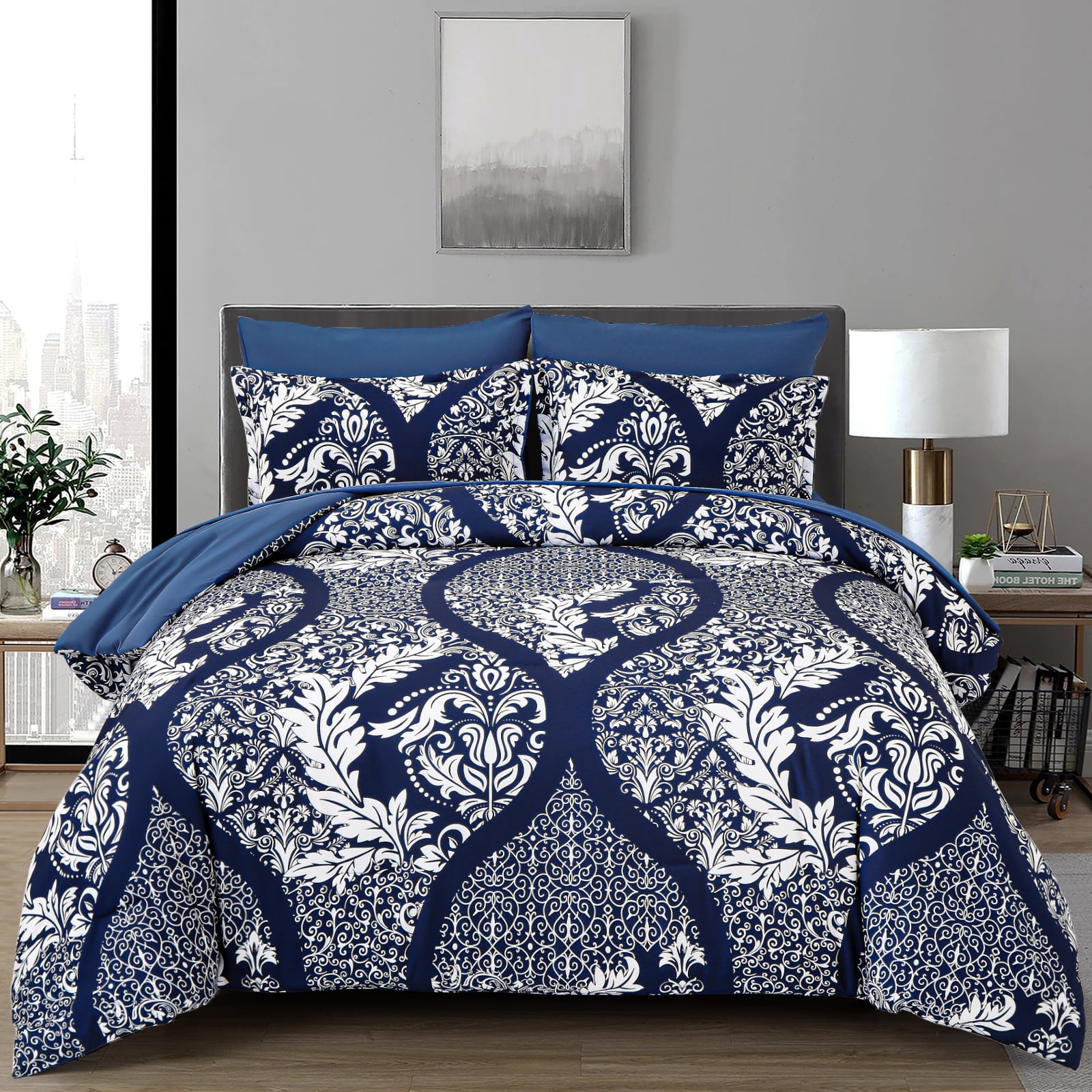 Navy Blue Paisley 7pcs Comforter King Size Soft Bed in a Bag Microfiber All Ages(104"x90")