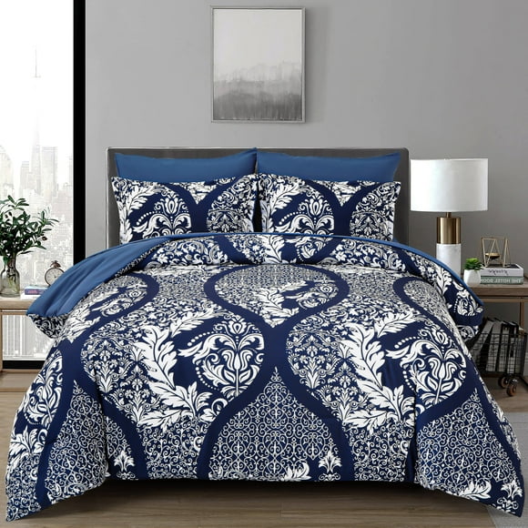 Navy Blue Paisley 7pcs Comforter King Size,Soft Bed in a Bag Microfiber All Ages(90"x104")
