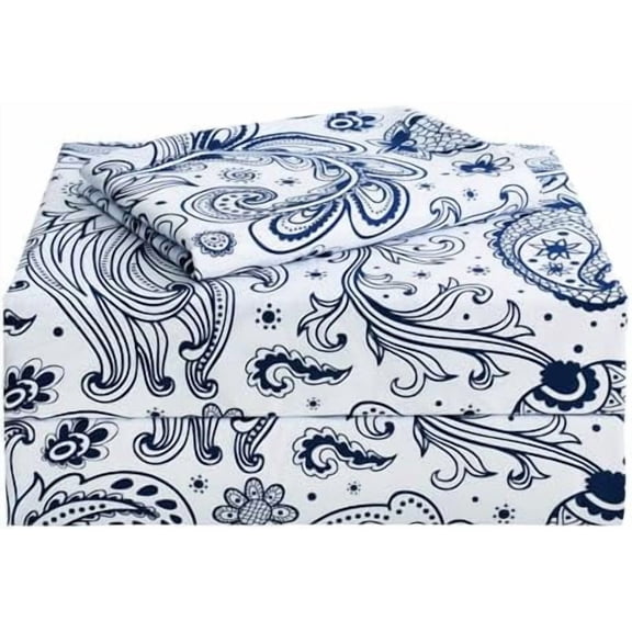 Navy Blue Paisley Sheet Set Twin Size, 3 Piece Soft Printed Microfiber Sheets Extra Deep Pocket