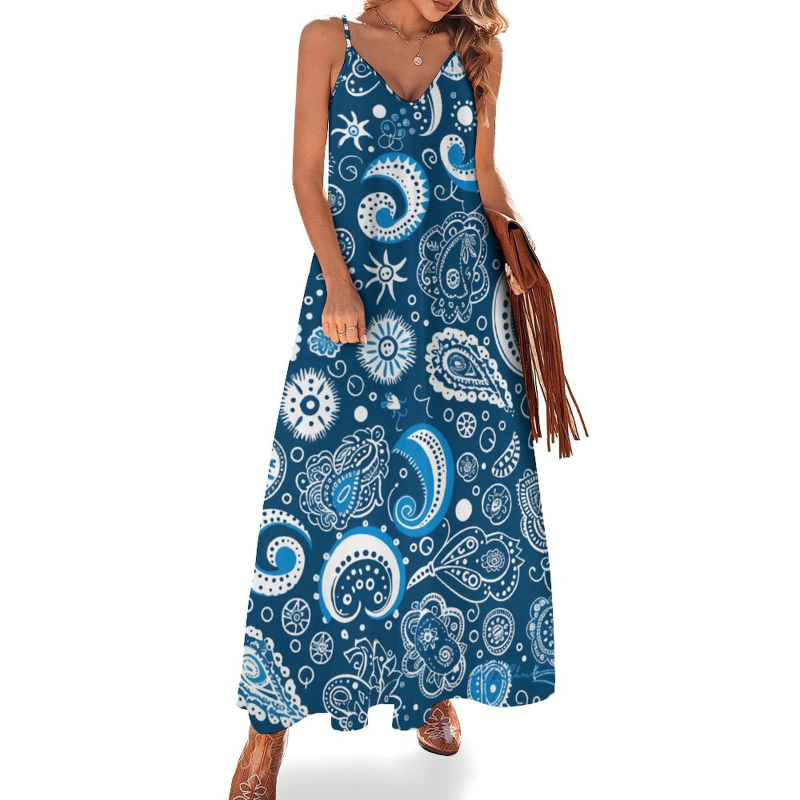 Navy Blue Paisley White Pattern Design Textile Print Design Sleeveless Dress  Woman Fashion Long Dresses Women's Summer Suit Dress 2025 - Walmart.com
