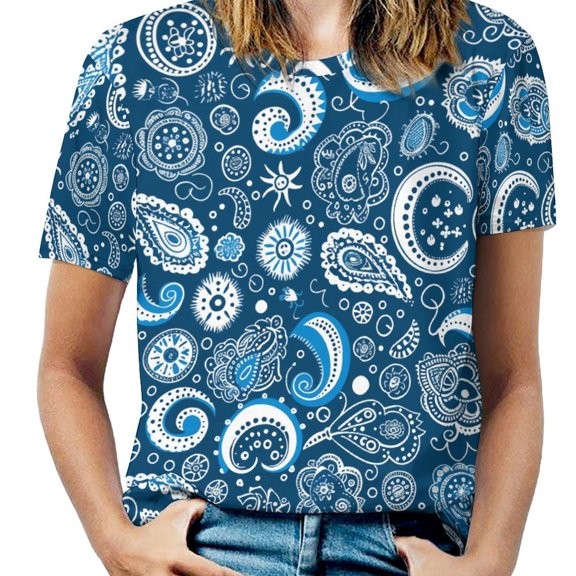 Navy Blue Paisley White Pattern Design Textile Print Women's Short Sleeve Tops Casual Blouses T Shirt