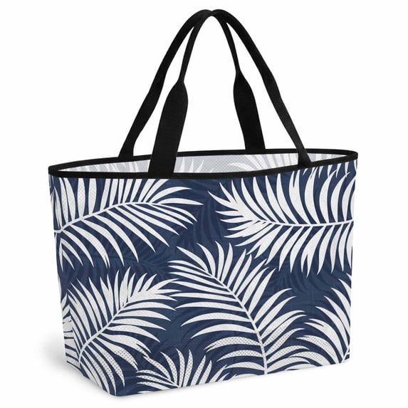 Navy Blue Palm Leaf Beach Bag for Women, Large Breathable Mesh Beach Tote Bag, Summer Coastal Botanical Tropical Sandproof Lightweight Travel Bags for Vacation Picnic Swimming Pool 15.7"x15.7"x9.1"