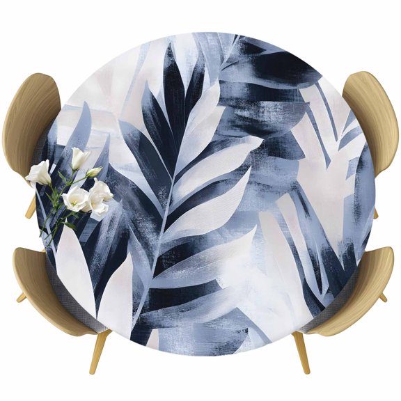 Navy Blue Palm Leaf Round Tablecloth 36-44 Inch Round Fitted Table Cloth with Elastic Edge, Botanical Vintage Tropical Leaves Waterproof Table Cover Protector for Outdoor Picnic Party Dining