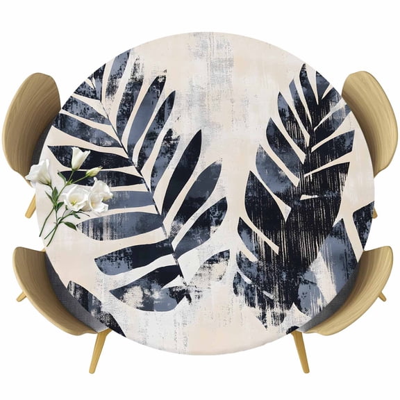 Navy Blue Palm Leaf Round Tablecloth 36-44 Inch Round Fitted Table Cloth with Elastic Edge, Tropical Botanical Vintage Leaves Waterproof Table Cover Protector for Outdoor Picnic Party Dining