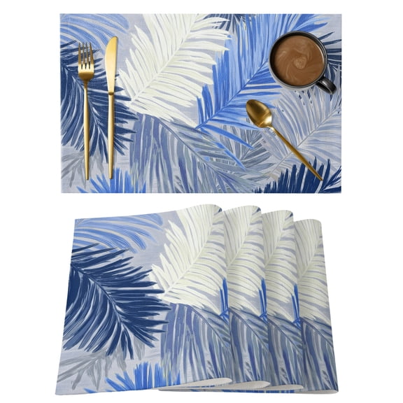 Navy Blue Palm Leaves Cotton Linen Placemats Set of 1, Summer Tropical Botanical Coastal Washable Table Place Mats Heat Insulating Placemat for Dining Room Kitchen Daily Use 13 x 19 Inch