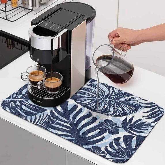 Navy Blue Palm Leaves Dish Drying Mats for Kitchen Counter, Tropical Botanical Minimalist Modern Absorbent Coffee Bar Mat with Non-slip Rubber Backed Quick Drying Dish Rack Pad 16"x24"