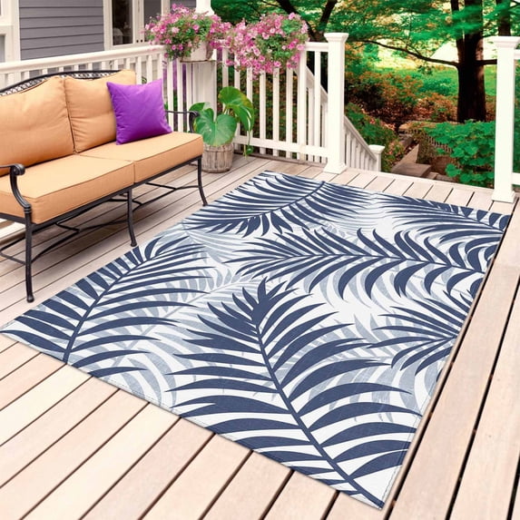 Navy Blue Palm Leaves Outdoor Rug for Patio/Deck/Porch, Non-Slip Large Area Rug 5 x 7 Ft, Summer Botanical Tropical Plants Indoor Outdoor Rugs Washable Area Rugs, Reversible Camping Rug Carpet Runner