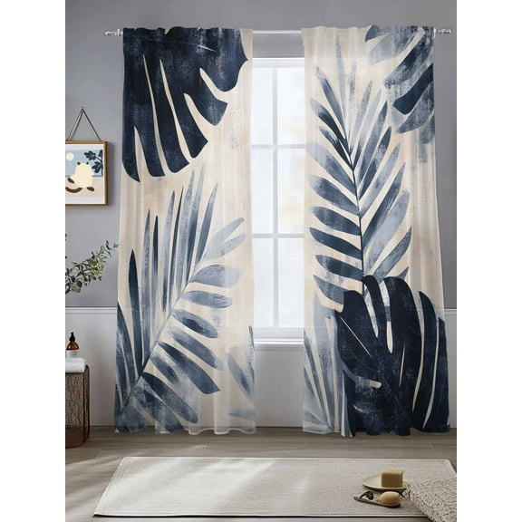 Navy Blue Palm Leaves Sheer Curtains for Living Room Bedroom Tropical Botanical Retro Sheer Curtains 84 Inch Long 2 Panels Set Light Filtering Curtain Window Treatments Drapes for Dining Room