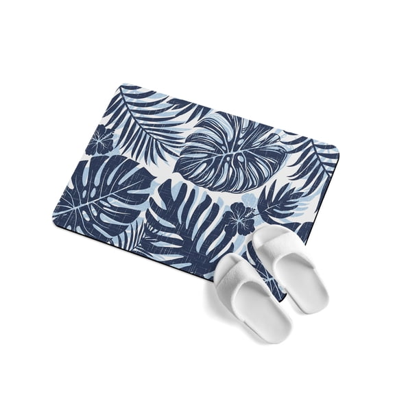 Navy Blue Palm Leaves Soft Diatomaceous Earth Mat, Tropical Botanical Minimalist Modern Absorbent Bath Mat Non Slip Rubber Backed Quick Dry Doormat Fit Under Door for Bathroom Kitchen 24"x36"