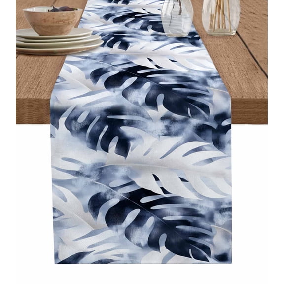 Navy Blue Palm Leaves Table Runner Cotton Linen 108 Inch Holiday Dresser Scarves, Tropical Botanical Vintage Tablerunner for Kitchen Coffee Dining Bedroom Living Room Dinner Scarf Décor 13''x108''