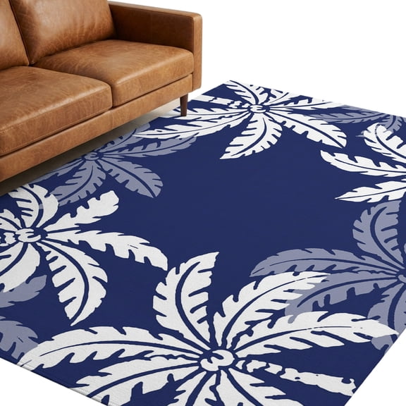 Navy Blue Palm Tree 9'x12' Large Area Rugs Summer Tropical Coastal White Silhouettes Washable Area Rugs Non-Slip Indoor Floor Mats for Villa Parlour, Hotel Lounge, Recreation Room