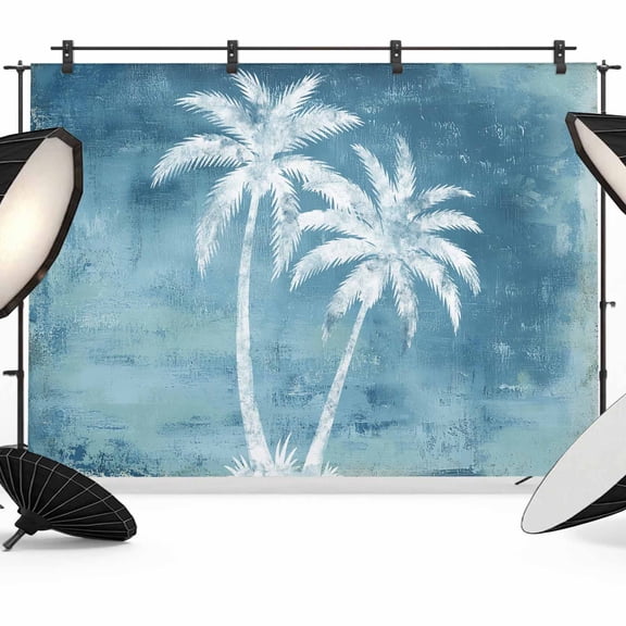 Navy Blue Palm Tree Backdrops for Photography, Summer Tropical Beach Country Island Tree Leaf Fabric Photo Background Sturdy Studio Props for Photo Studio, Video Recording, Booth & Photoshoot 12x8ft