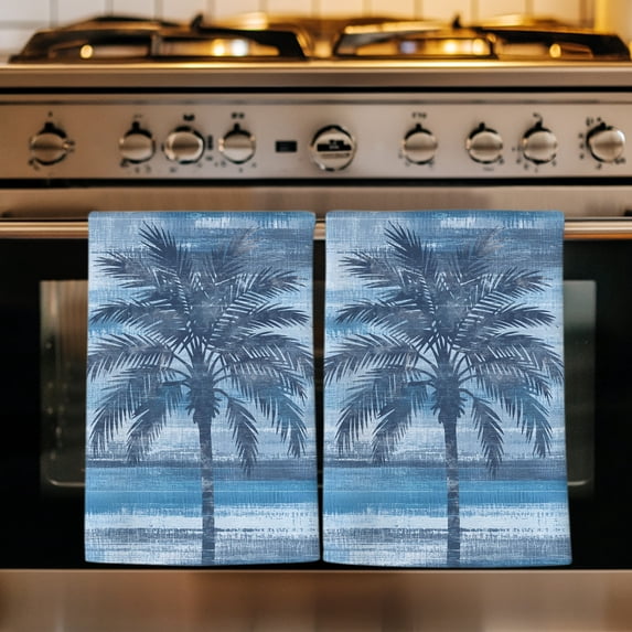Navy Blue Palm Tree Kitchen Towels Set of 2, Coastal Tropical Trees Vintage Summer Absorbent Dish Towels for Kitchen, Microfiber Hand Towel, Quick Drying Tea Towel for Cleaning Decorative Dishcloths